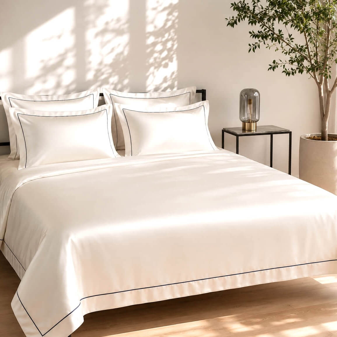 Elegance silk bed linen set with blue piping - 22 momme
